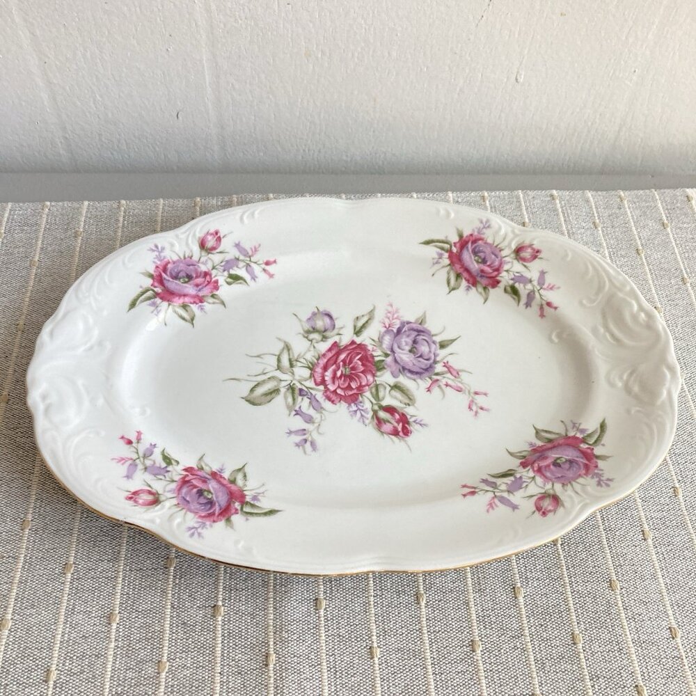 FAVOLINA Poland SERVING PLATTER Roses 13” Oval Gold Trim Cottagecore   Farm